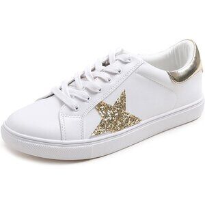 Women's White Glitter Gold Star PU Leather Adorable Colorful Lace-Up Sneaker